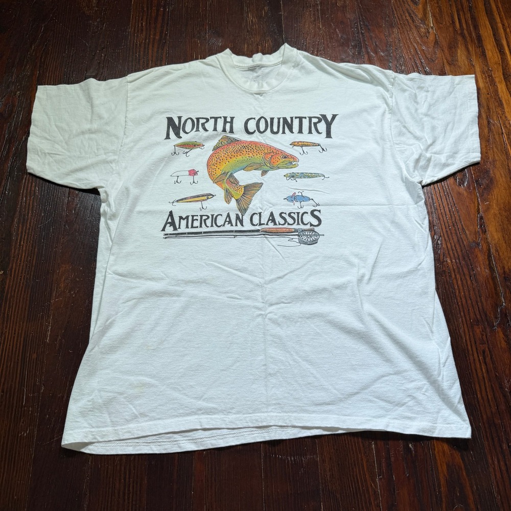 Vintage 90s North Country Fishing Shirt Mens XL White Trout Single Stitch